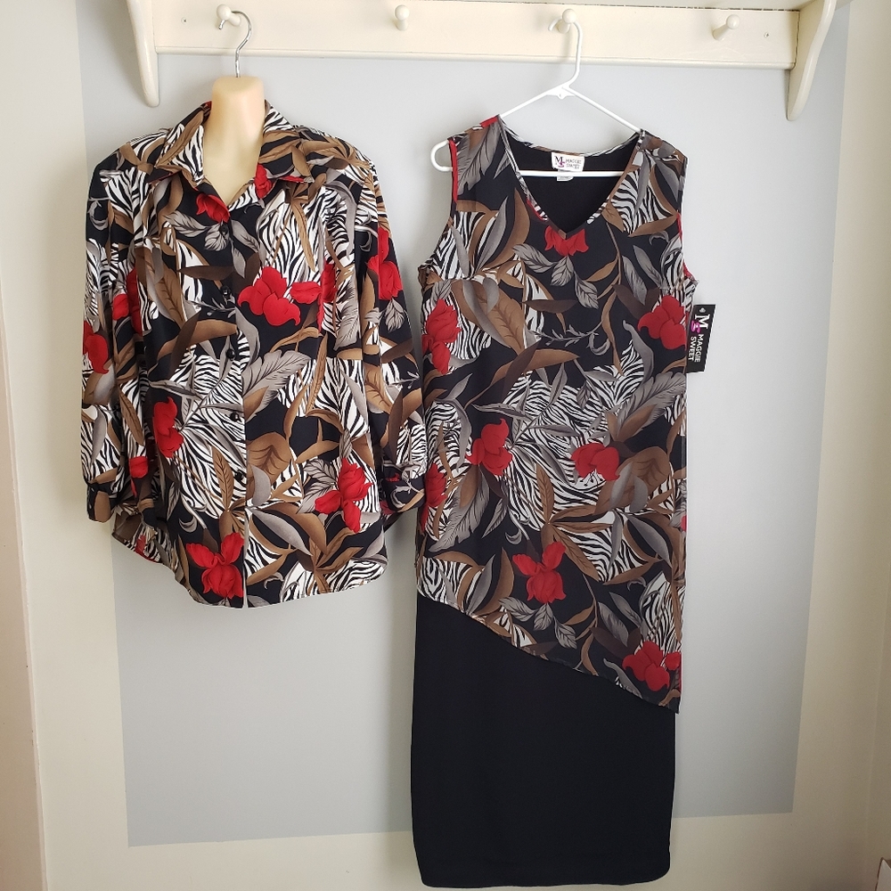 PETITE LG Black Red Design Dress & ButtonShirt Set